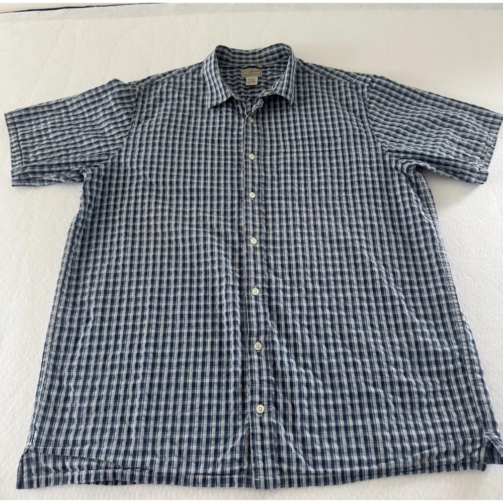 LL Bean Mens XL Tall Blue White Gingham Cotton Short Sleeve Button Down Shirt